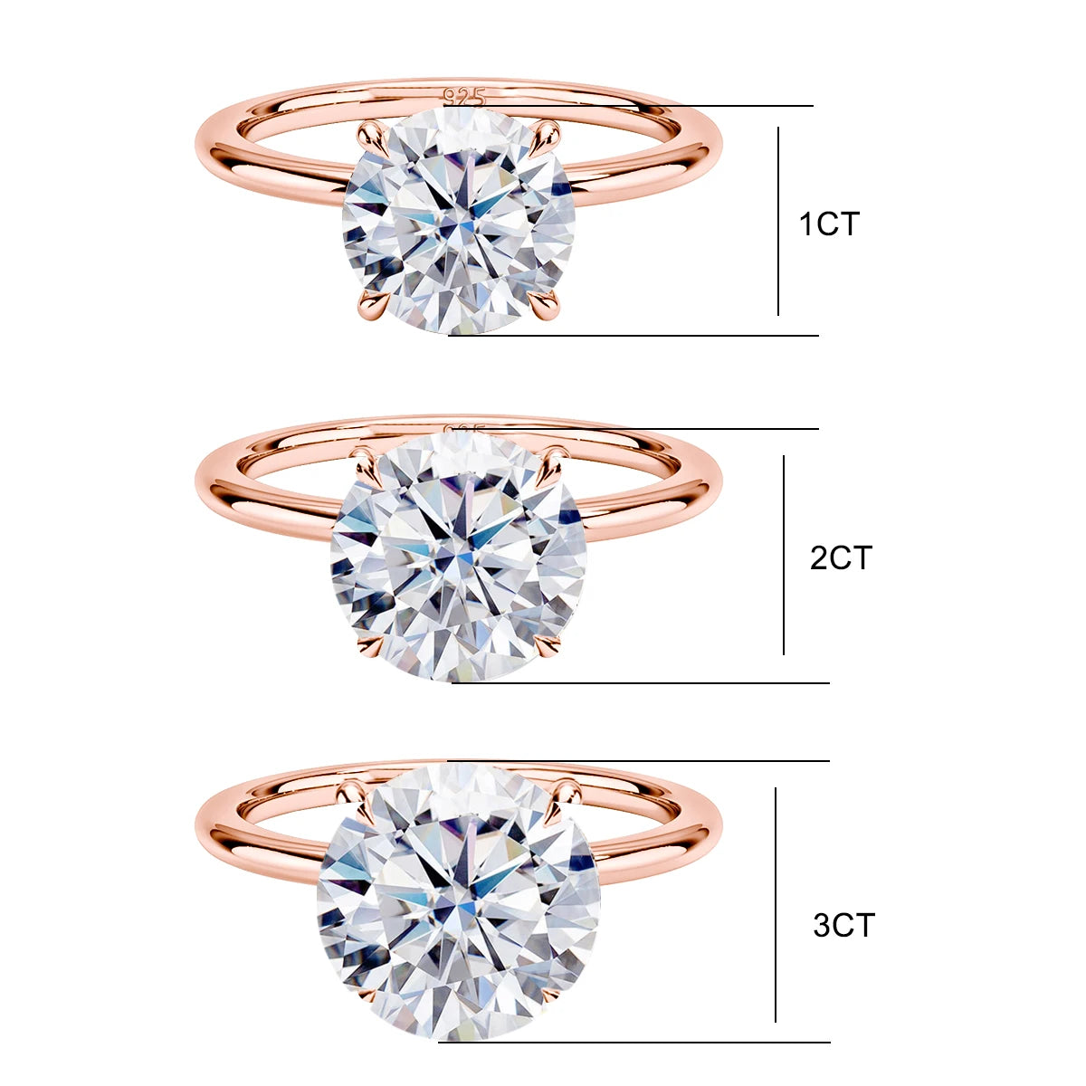 Solitaire Ring - 925 Sterling Silver Rose Gold, Moissanite or Zirconia, 1ct 2ct 3ct 5ct