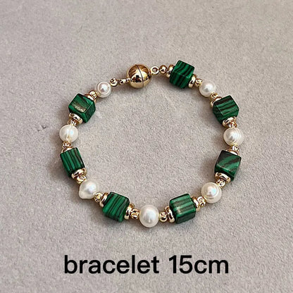 Natural Freshwater Pearl & Synthetic Malachite Jewelry | 14K Gold Plated Necklace, Bracelet & Earrings | Vintage Style