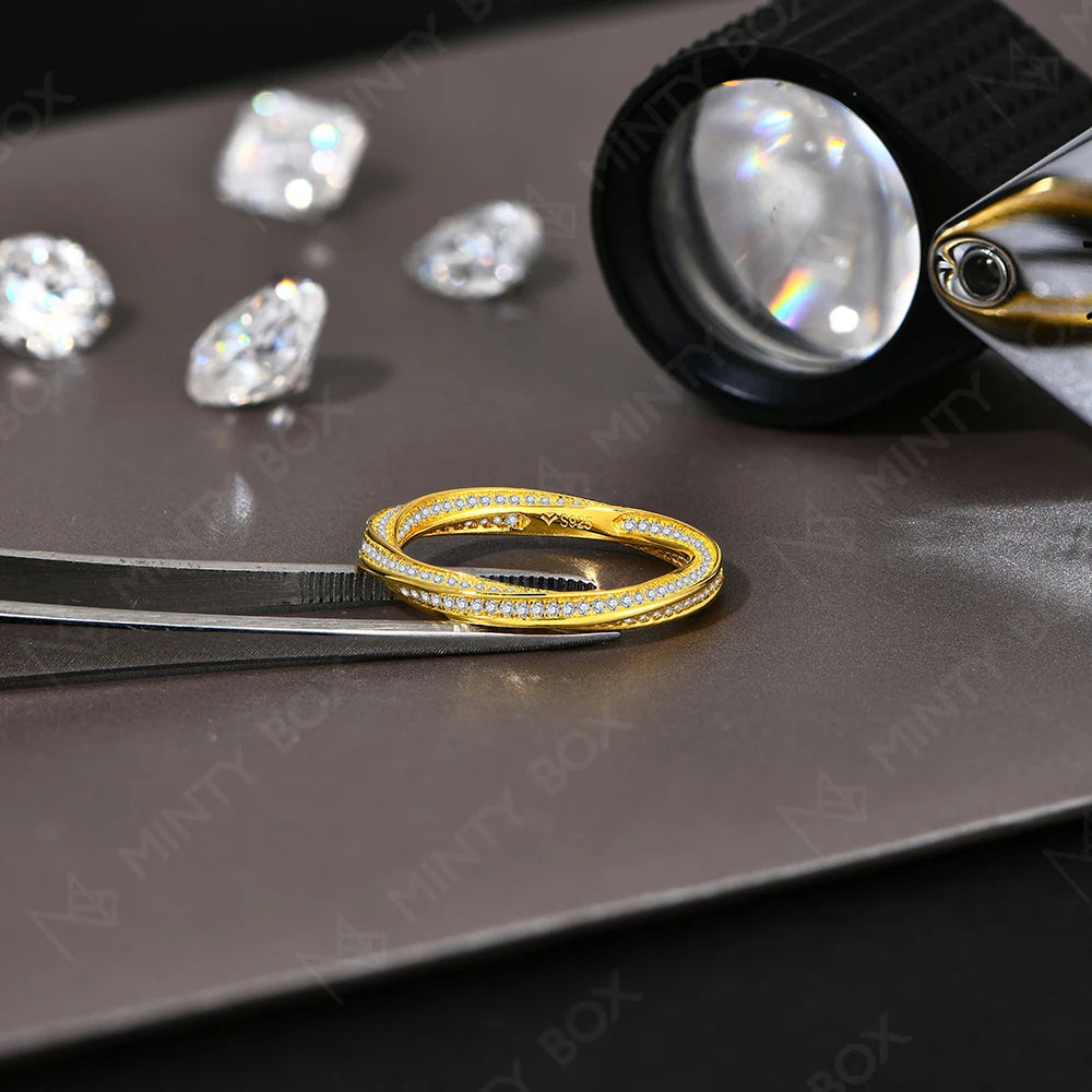 Moissanite Stackable Wedding Band - 925 Sterling Silver & 18K Gold Plated, D Color VVS1