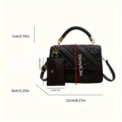 1pc Trendy Quilted Handbag with Adjustable Strap, Stylish Black Shoulder Purse for Women with Mini Coin Pouch, Crossbody Purse