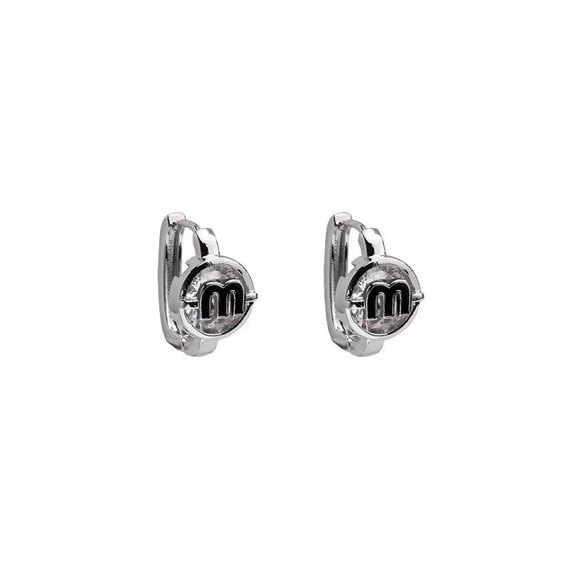 Trendy Sterling Silver Letter M Colour Crystal Hoop Earring for Women Korean Charm Hip-hop Jewelry Accessory Gift No Allergy