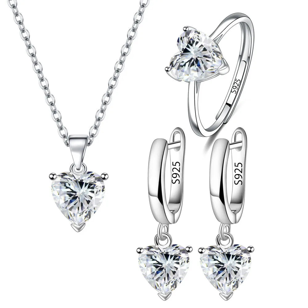 925 Sterling Silver Heart Zircon Jewelry Set | Ring, Earrings & Necklace for Women