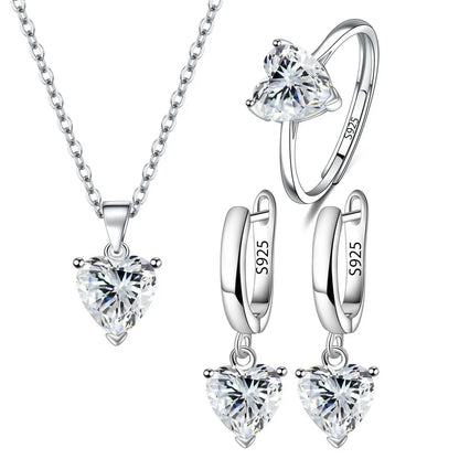 925 Sterling Silver Heart Zircon Jewelry Set | Ring, Earrings & Necklace for Women