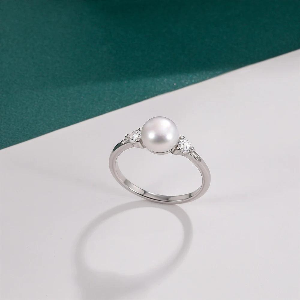 925 Sterling Silver Freshwater Pearl & Zircon Ring | Minimalist Wedding Band for Women