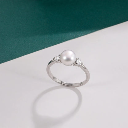 925 Sterling Silver Freshwater Pearl & Zircon Ring | Minimalist Wedding Band for Women
