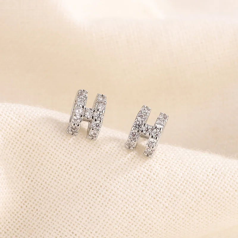 Sterling Silver H-letter Exquisite Earrings Small And Simple Set With Diamond Hollow Earrings Birthday Gift Jewelry