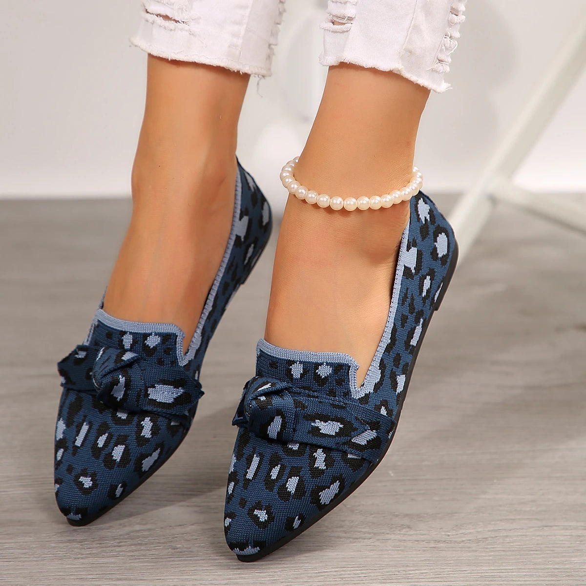 Women's Leopard Print Bow Flats - Shallow Slip-On Shoes