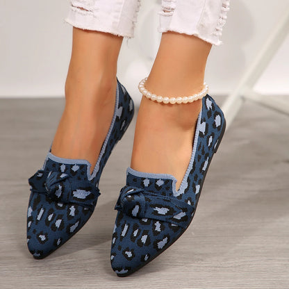 Women's Leopard Print Bow Flats - Shallow Slip-On Shoes