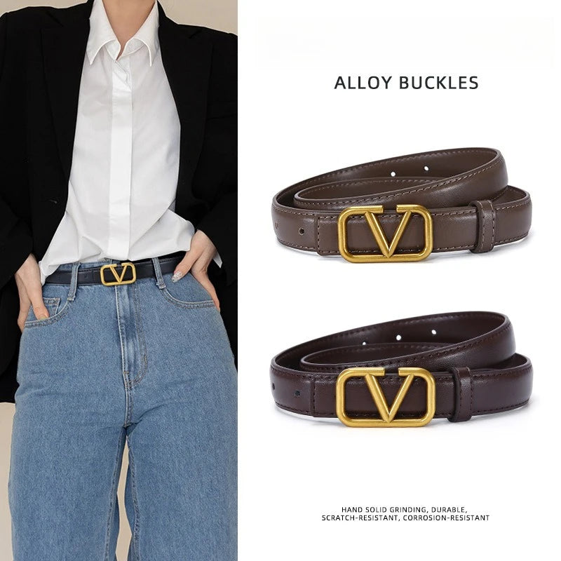 2025 New Women's Light Luxury Leather Belt Smooth Buckle Retro Versatile Design Fashion Trendy Decoration for Jeans