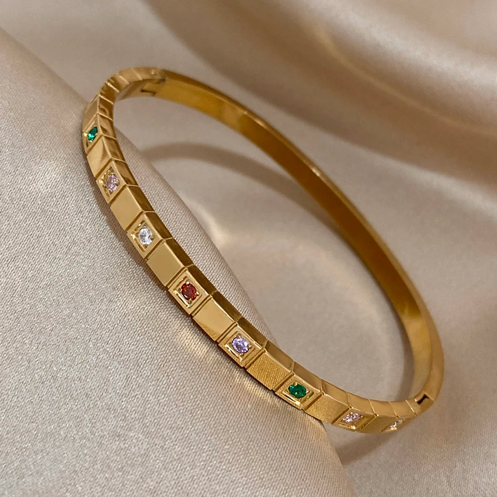 New Inlaid Square Small Colored Zircon Stainless Steel Bangle Bracelet for Women Luxury Gold Plated Cubic Zirconia Bracelets