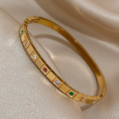 New Inlaid Square Small Colored Zircon Stainless Steel Bangle Bracelet for Women Luxury Gold Plated Cubic Zirconia Bracelets