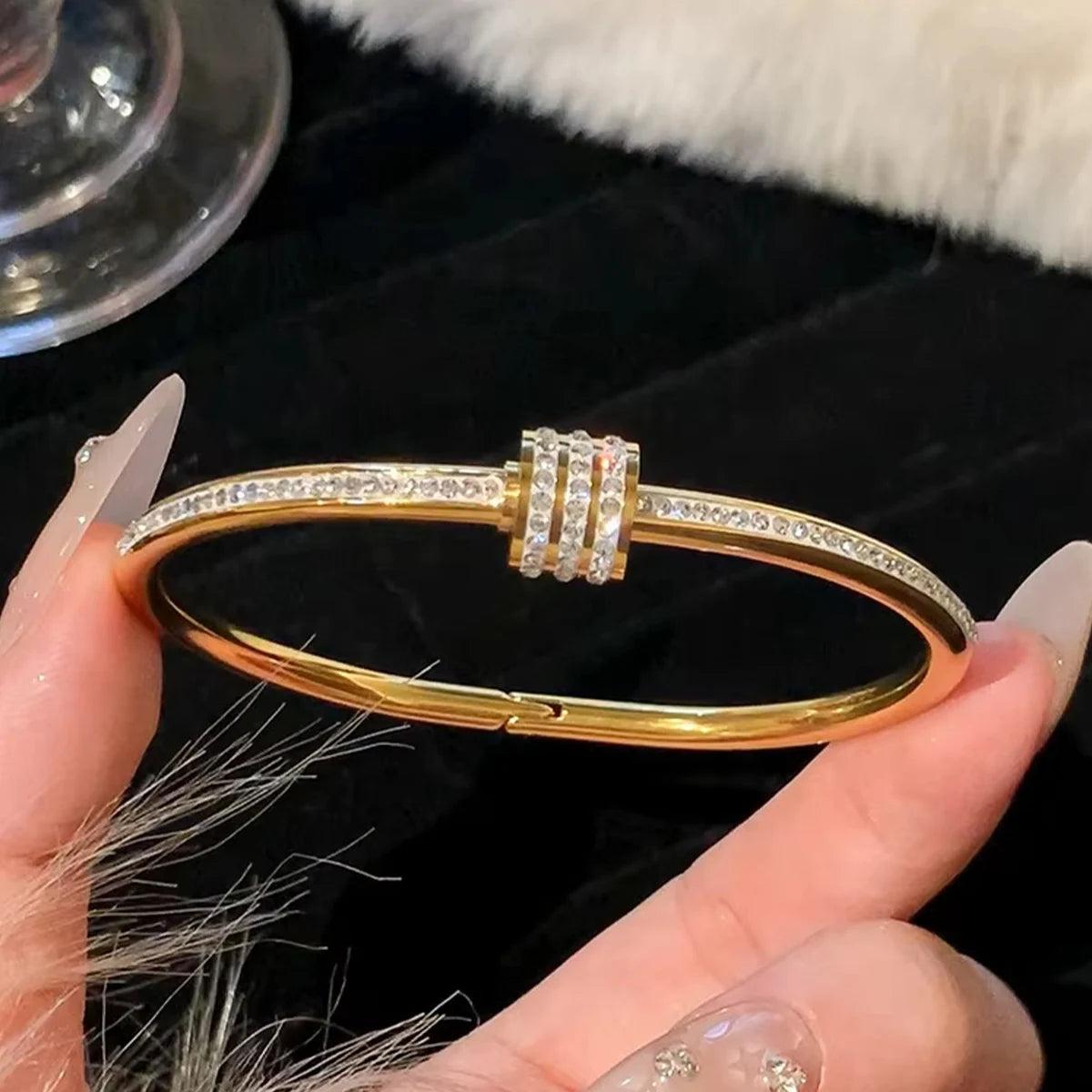 Titanium Steel Gold Bracelet - Classic Zircon Inlaid Bangle for Women