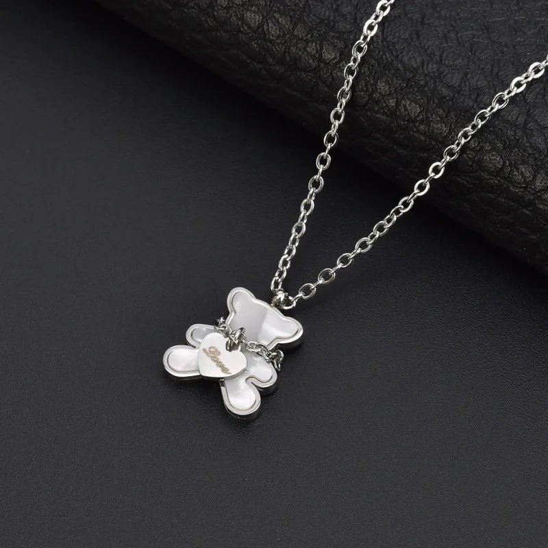 White Shell Cute Little Bear Peach Heart Stainless Steel Jewelry Set Necklace Earrings Bracelet or women