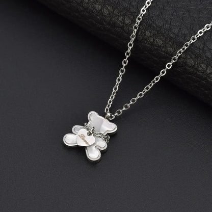 White Shell Cute Little Bear Peach Heart Stainless Steel Jewelry Set Necklace Earrings Bracelet or women