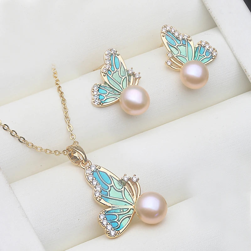 Natural Freshwater Pearl Necklace Earrings Set, 925 Silver Set of Earrings With Pearls Wife Mother Christmas Gift White