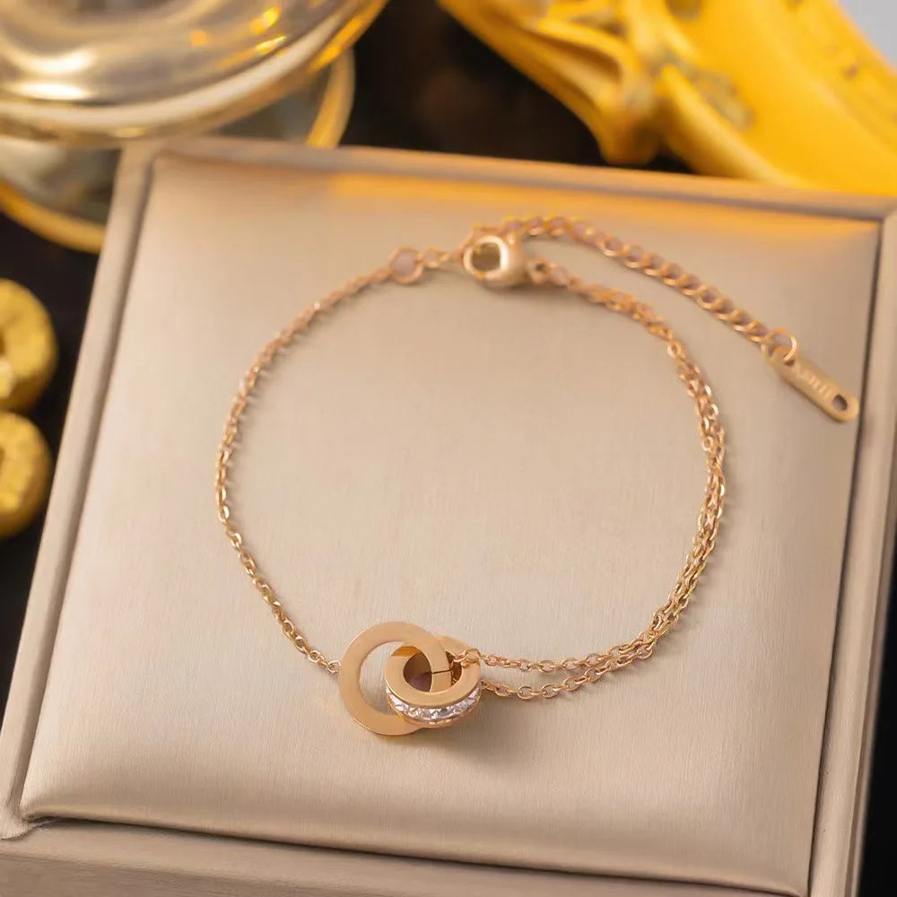 Fashion Roman Digital Double Ring Pendant Necklace Bracelet Earrings Set - Korean Style Jewelry for Women