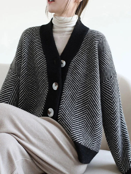 Striped V-Neck Knitted Cardigan - Thick Warm Autumn Winter 2025