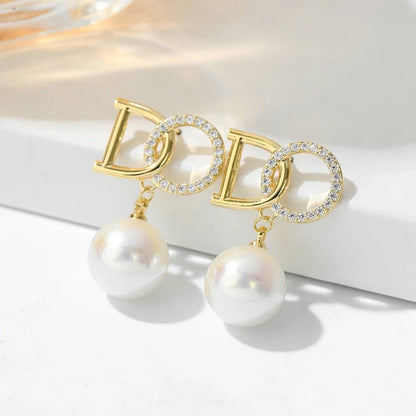 New Trend Crystal Hollow Letter DO Imitation Pearl Pendant Earring for Women Ear Jewelry Wholesale Christmas Girl Gift
