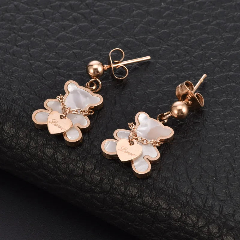 White Shell Cute Little Bear Peach Heart Stainless Steel Jewelry Set Necklace Earrings Bracelet or women