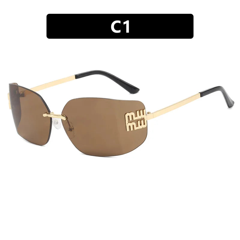 1pc Classic Sun Glasses Female Funky Metal Luxury Rimless Sunglasses Women BrandDesigner Rivets Rectangle Gradient Curved Shades