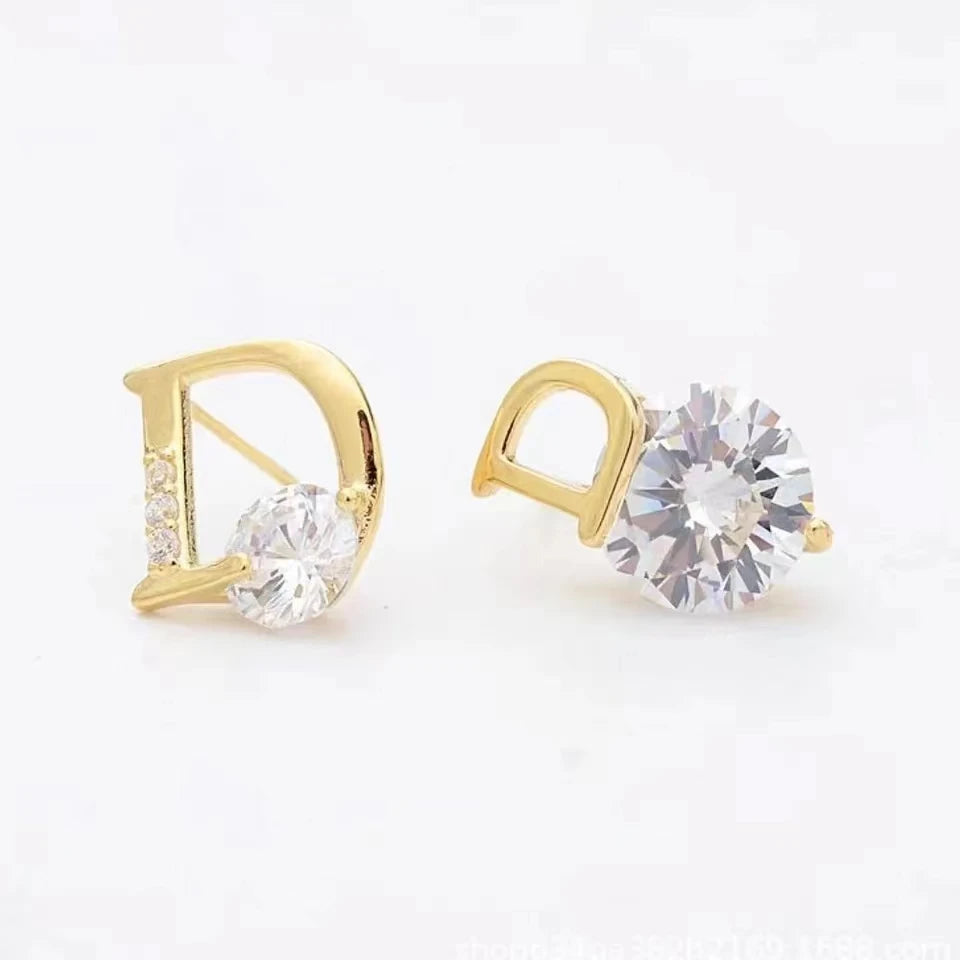 Letter D Earrings For Women Shiny Zircon Stud Earrings Temperament Asymmetric Party Jewelry Unique Gift