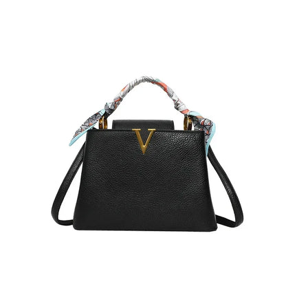 Luxury Ladies Crossbody Bag - Litchi Texture Leather with Silk Scarf