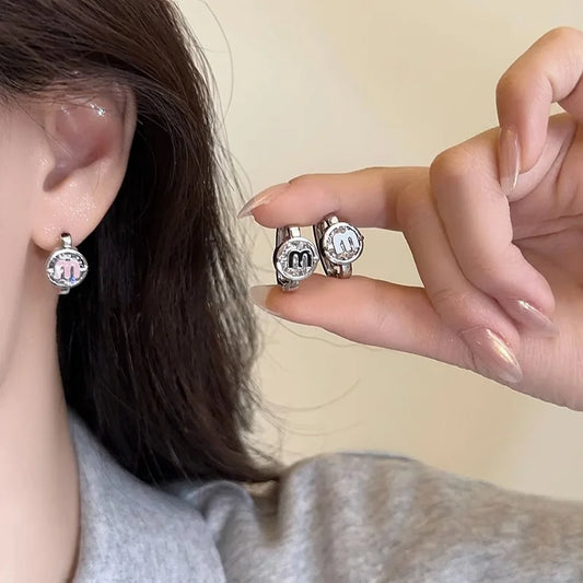 Trendy Sterling Silver Letter M Colour Crystal Hoop Earring for Women Korean Charm Hip-hop Jewelry Accessory Gift No Allergy