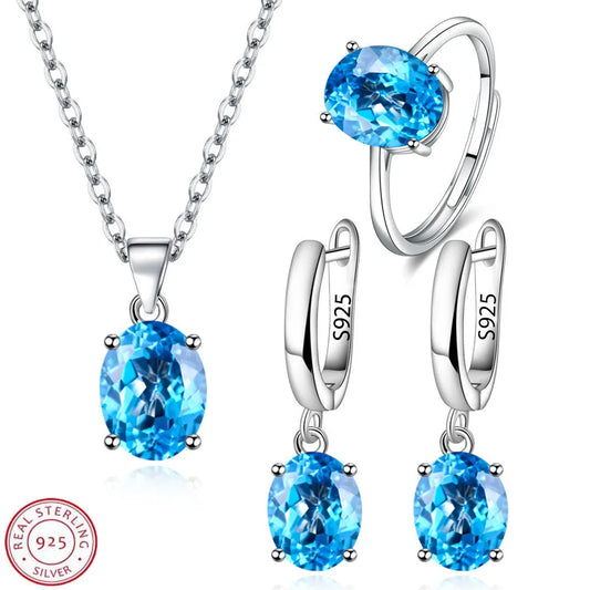 925 Sterling Silver Jewelry Set | Zircon Ring, Earrings & Necklace | Bridal Wedding Gift for Women