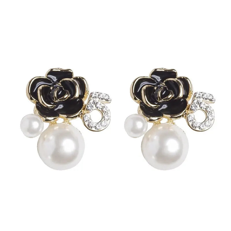 black rose pearl number 5 flower earrings enamel fashion camellia studs