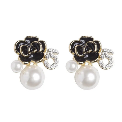 black rose pearl number 5 flower earrings enamel fashion camellia studs