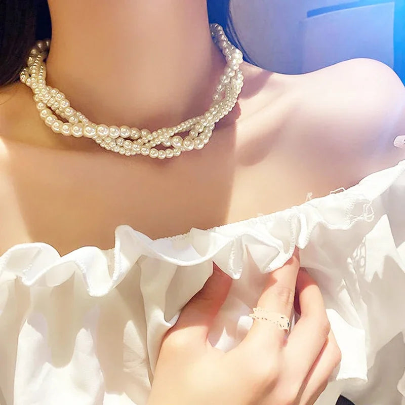 Luxury Multi-Layer Pearl & Crystal Collarbone Necklace | CC Style
