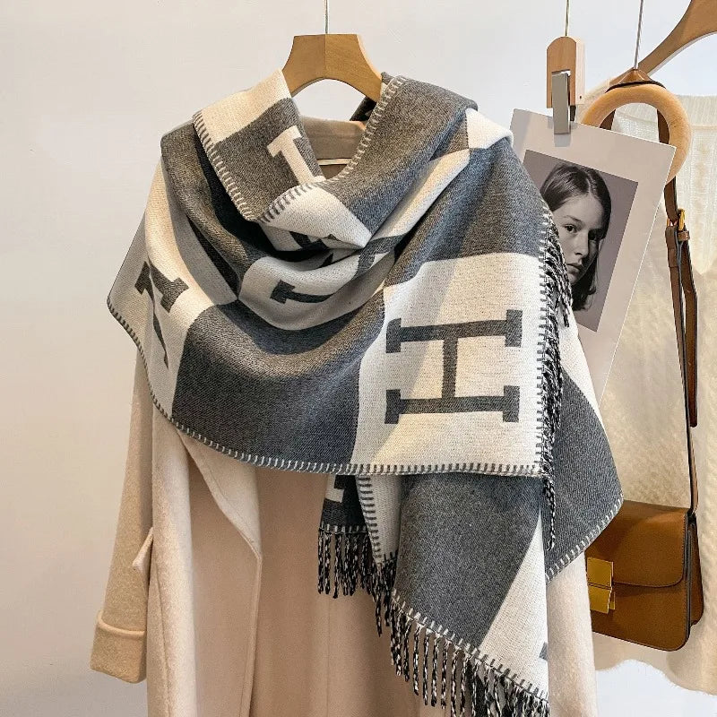 Best-selling letter-patterned imitation cashmere scarf for women, long winter style, jacquard, thick, double-sided shawl