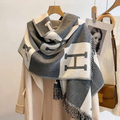 Best-selling letter-patterned imitation cashmere scarf for women, long winter style, jacquard, thick, double-sided shawl