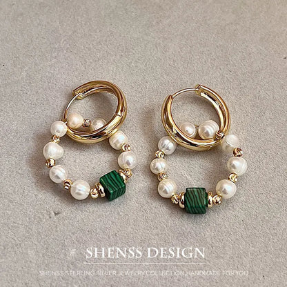 Natural Freshwater Pearl & Synthetic Malachite Jewelry | 14K Gold Plated Necklace, Bracelet & Earrings | Vintage Style