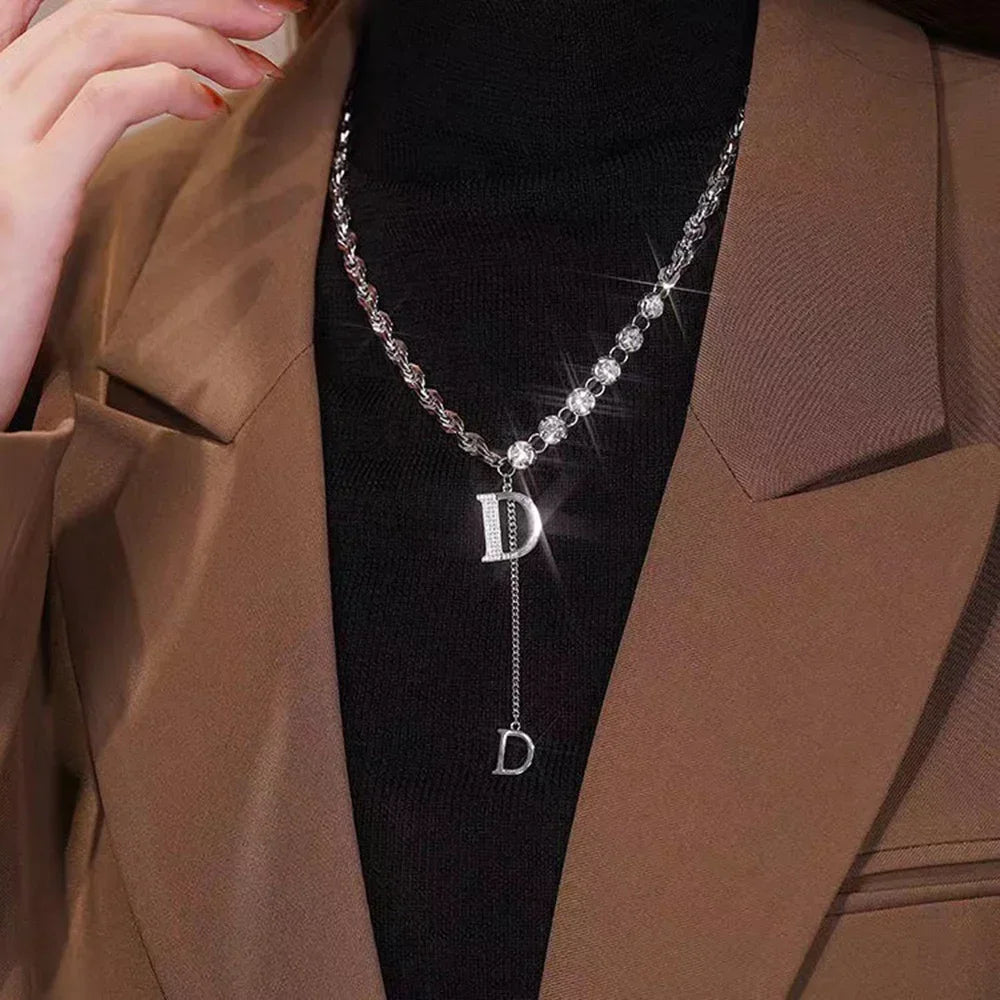 Silver Letter D Pendant Necklace | Micro Zircon Snake Chain