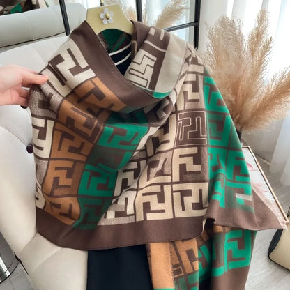 European American Women's Letter Scarf - Vintage Thick Winter Double-Sided Shawl