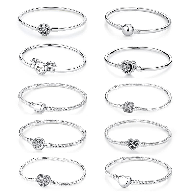 Original Sterling Silver Bracelet Love Heart Clasp Charms Beads Snake Chain Bracelets Bangles Luxury Jewelry For Women Gift