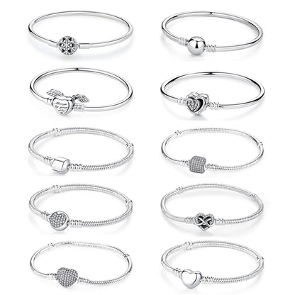 Original Sterling Silver Bracelet Love Heart Clasp Charms Beads Snake Chain Bracelets Bangles Luxury Jewelry For Women Gift