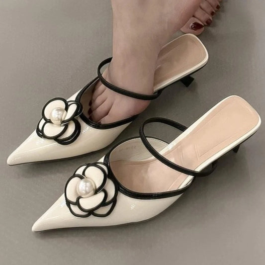 Designer Flower Beaded Heeled Slippers - Pointed Toe Mid Heel Pumps