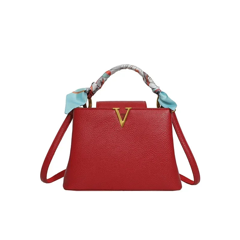 Luxury Ladies Crossbody Bag - Litchi Texture Leather with Silk Scarf