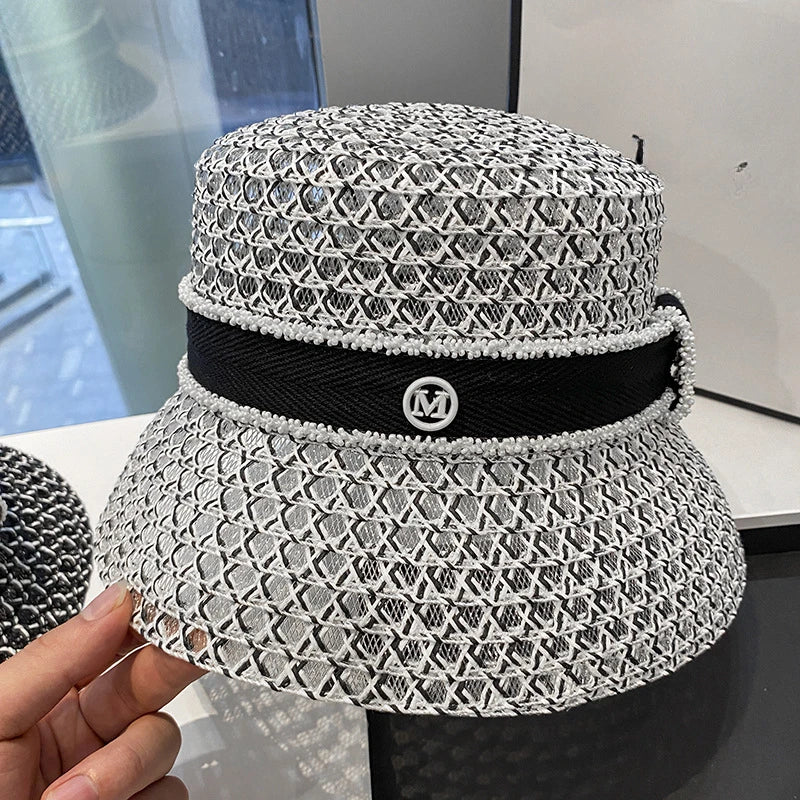 Korean  Breathable Hollow Fisherman Hat, Personalized Basin Hat, Fashionable Diamond Bucket Hat for Women's Summer Outings