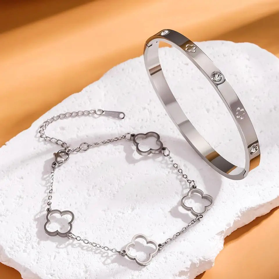 2PCS French Lucky Clover Bracelet Set For Women High Quality Stainless Steel INS Hot Selling Bracelet Charm Feeling Jewelry Gift