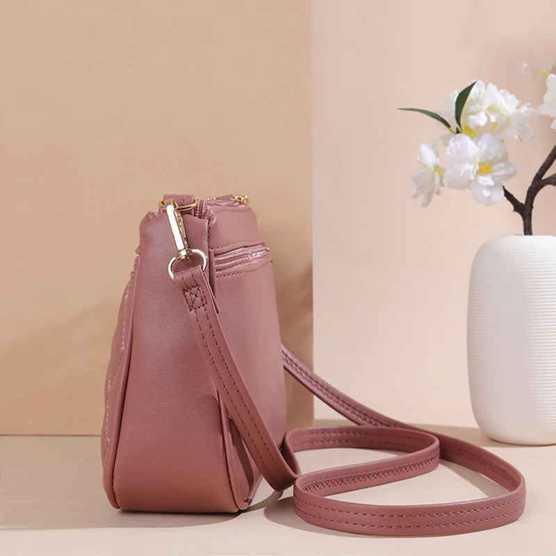 Fashion PU Leather Crossbody Bag - Large Capacity Shoulder Bag with Embroidery Detail