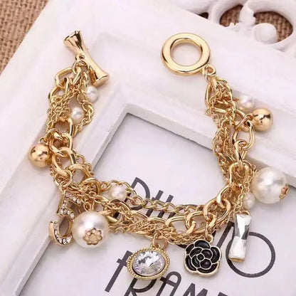 Luxury Multi layer Pearl Bracelets Camellia Flower Number 5 Hand Accessories European Popular Metal Hand Chain Bracelet Jewelry