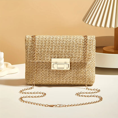 Woven Straw Handwoven Women's Shoulder Bag, Fashion Solid Color Crossbody Purse with Lock Closure