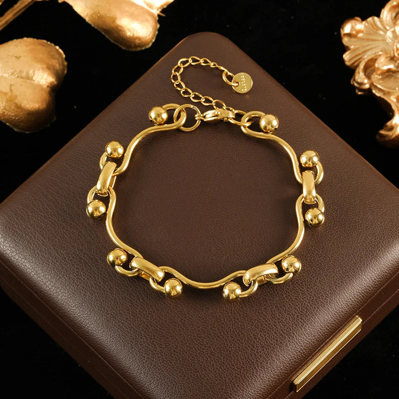 GANEMLY 316L Stainless Steel Metal Gold Color Beads Chain Necklace Bracelet Set For Women Trendy Chains Waterproof Jewelry New