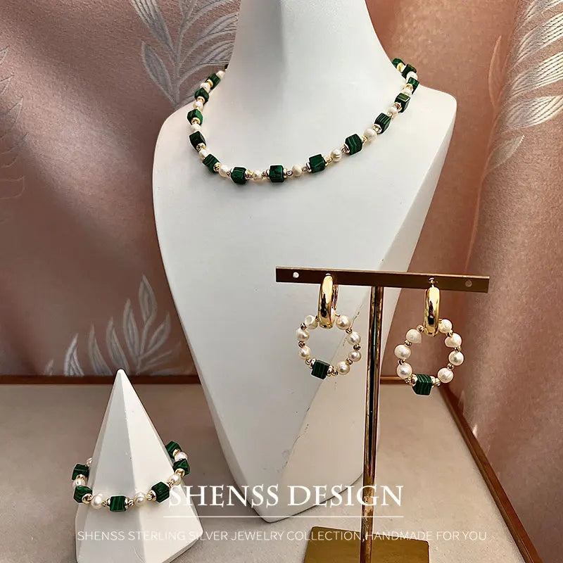 Natural Freshwater Pearl & Synthetic Malachite Jewelry | 14K Gold Plated Necklace, Bracelet & Earrings | Vintage Style