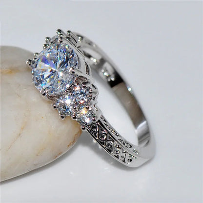 Exquisite Zircon Engagement Ring for Women | Silver Tone Bridal Wedding Jewelry
