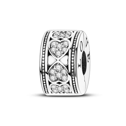 925 Sterling Silver CZ Pave Round Clip Charm - Bracelet Necklace Bead