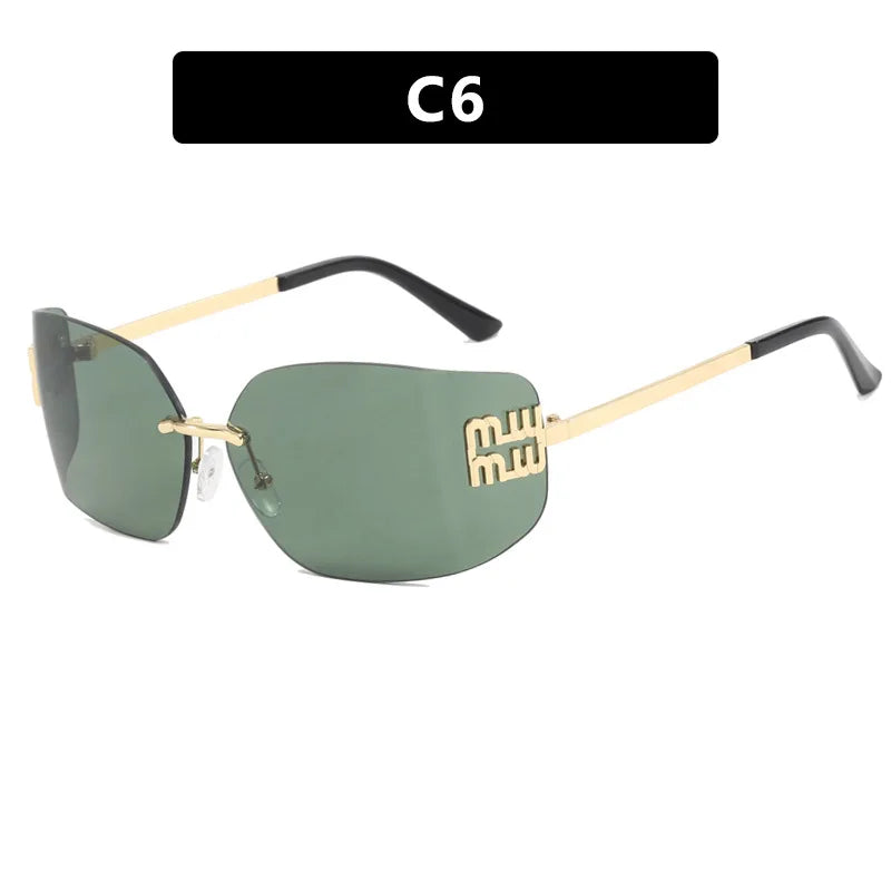 1pc Classic Sun Glasses Female Funky Metal Luxury Rimless Sunglasses Women BrandDesigner Rivets Rectangle Gradient Curved Shades